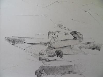 Pierre AMBROGIANI : Paysage vallonné - Dessin original Signé 2