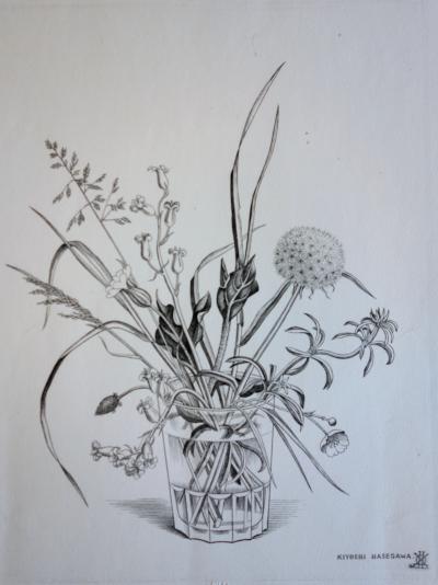 Kiyoshi HASEGAWA : Fleurs des champs dans un verre - Gravure originale signée 2