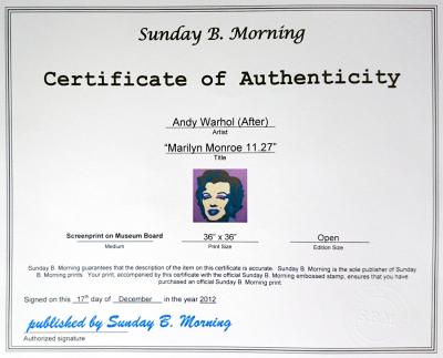 Andy Warhol (after) Sunday B. Morning - Marilyn 11.27 Screen print, COA included 2