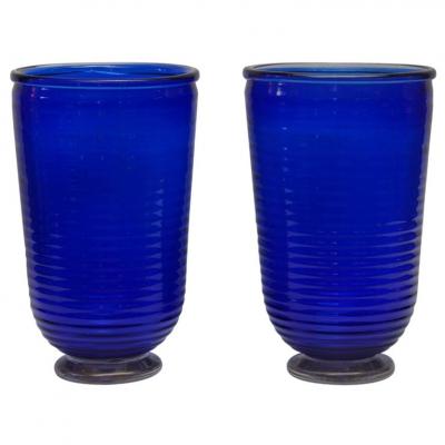 Pair of vases in blue Murano glass, signed 2