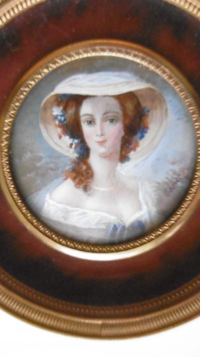 GAMET - Femme au chapeau, Peinture miniature, Signée, École Française du XIXe siècle 2