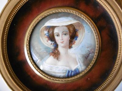 GAMET - Femme au chapeau, Peinture miniature, Signée, École Française du XIXe siècle 2