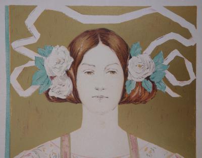 Alice R. Glenny : Jeune femme à la fleur - lithographie originale signée, 1897 2