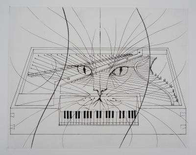 Pierre-Yves TREMOIS : Le chat au piano - Gravure originale 2