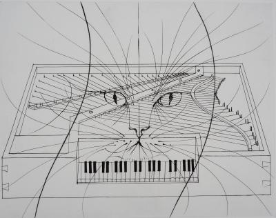 Pierre-Yves TREMOIS : Le chat au piano - Gravure originale 2