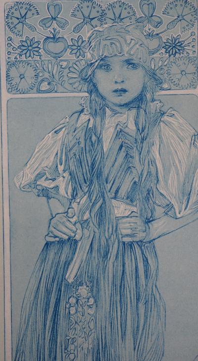 Alphonse MUCHA : Jeune Fille en Costume Traditionnel - Lithographie Signée 2