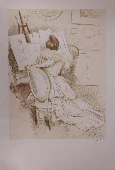 Paul César HELLEU : Femme dessinant, 1901 - Lithographie originale signée 2