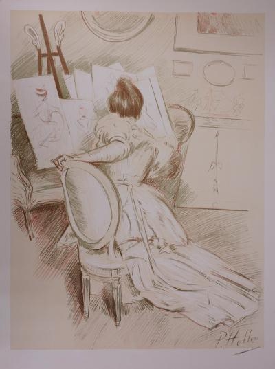 Paul César HELLEU : Femme dessinant, 1901 - Lithographie originale signée 2