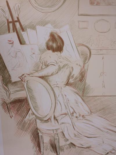 Paul César HELLEU : Femme dessinant, 1901 - Lithographie originale signée 2