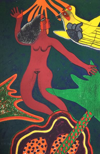 CORNEILLE (1922-2010): Lithographie originale signée - L’envol du nu rouge. Circa 1980.Lithographie.SBG.EA.70x46. 2