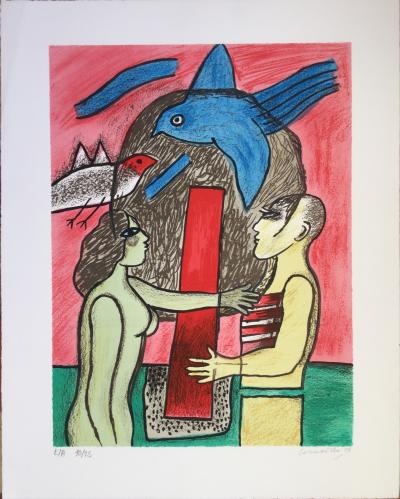 CORNEILLE , couple à l’oiseau bleu , 2003 , lithographie originale signée 2