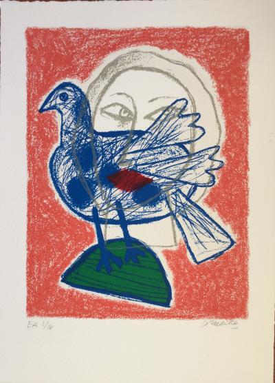CORNEILLE: Femme et oiseau, vers 1990, Lithographie signée au crayon 2