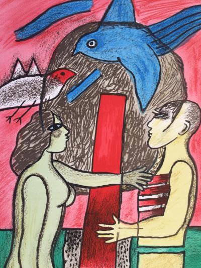 CORNEILLE , couple à l’oiseau bleu , 2003 , lithographie originale signée 2