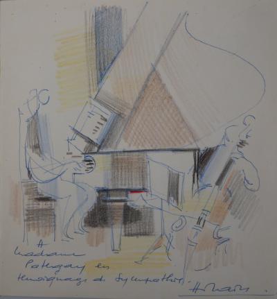 Camille HILAIRE : Piano et contrebasse - Dessin original signé 2