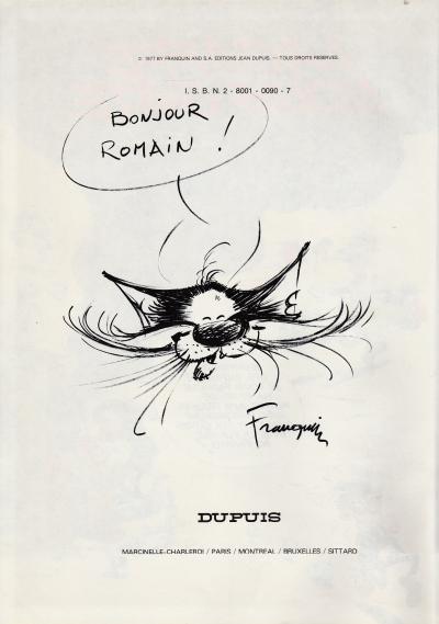 André FRANQUIN Dessin Le Chat signé dans album Lagaffe Nous Gâte 2