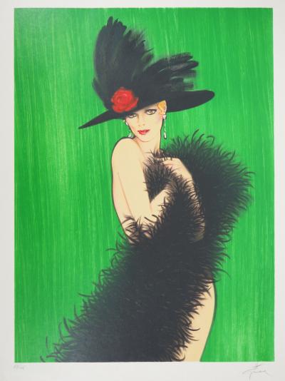 René GRUAU : Femme se cachant avec un boa - Lithographie originale Signée 2
