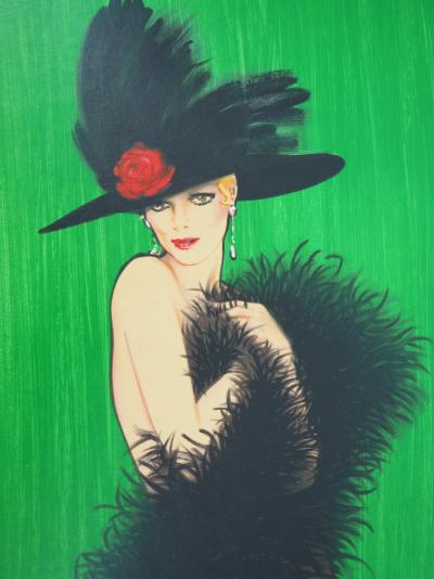 René GRUAU : Femme se cachant avec un boa - Lithographie originale Signée 2