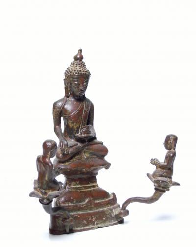 Birmanie - Bouddha Shan entouré de ses 2 disciples en bronze, début du XXème siècle 2