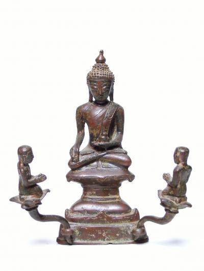 Birmanie - Bouddha Shan entouré de ses 2 disciples en bronze, début du XXème siècle 2