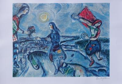 Marc CHAGALL (d’après) - Couple d’amoureux sur les toits de Paris - Lithographie 2