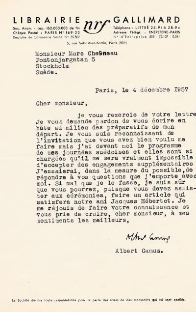 Albert CAMUS Lettre signée relative à son prix Nobel de littérature 2