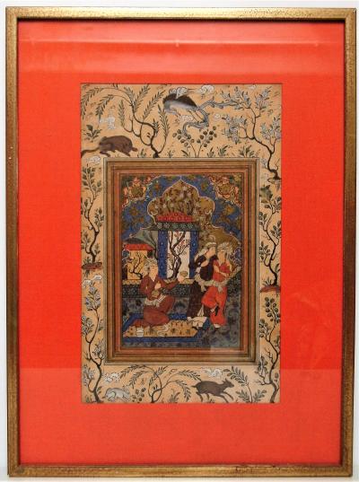 Miniature persane, échanson et couple, style Safavide, époque Qajar, 19ème siècle 2