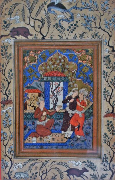 Miniature persane, échanson et couple, style Safavide, époque Qajar, 19ème siècle 2