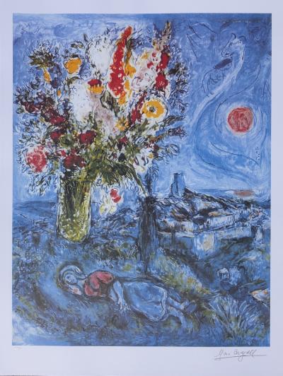 Marc CHAGALL : La dormeuse aux fleurs, Lithographie numérotée et signée, 1989, 500ex