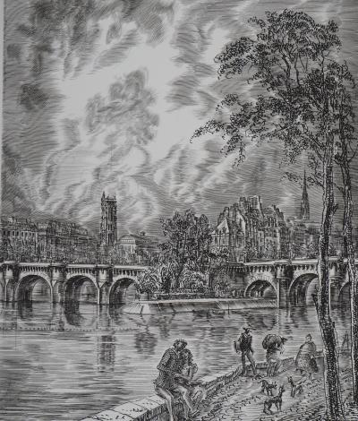 Albert DECARIS - Pais, La Tour Saint Jacques vue de la Seine - Gravure originale signée 2
