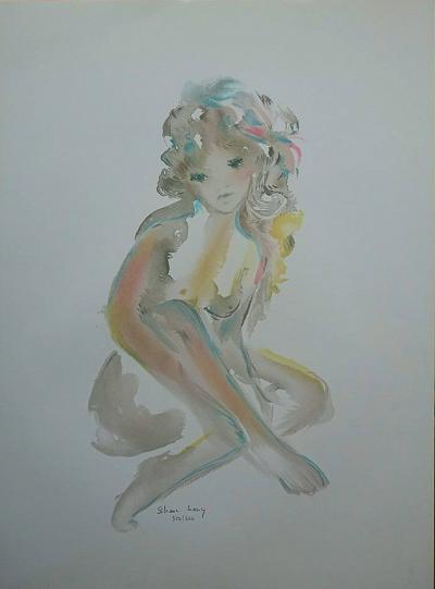 Shan MERRY - Jeune fille accroupie  - Lithographie originale signée au crayon, édition limitée 2