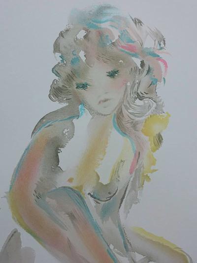 Shan MERRY - Jeune fille accroupie  - Lithographie originale signée au crayon, édition limitée 2