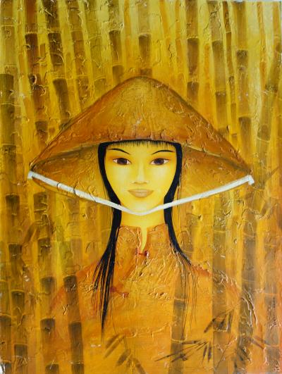 Mara TRAN LONG  - Vietnamese Woman with Hat, signed oil on cardboard 2