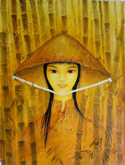 Mara TRAN LONG  - Vietnamese Woman with Hat, signed oil on cardboard 2