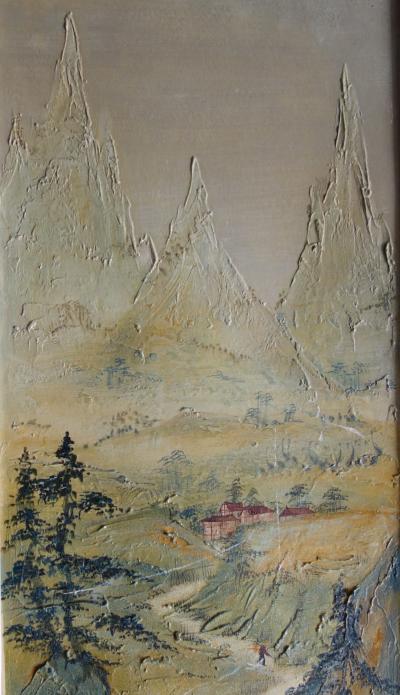 Mara TRAN LONG : Paysage montagneux - Huile sur carton signée 2