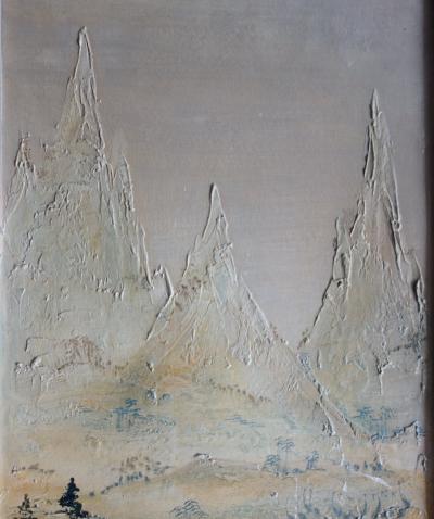 Mara TRAN LONG : Paysage montagneux - Huile sur carton signée 2