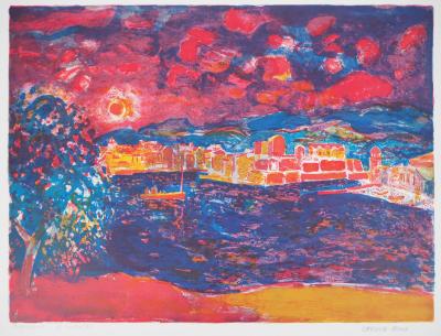 Garcia FONS - Soleil couchant sur le port de Collioure, Lithographie originale signée 2