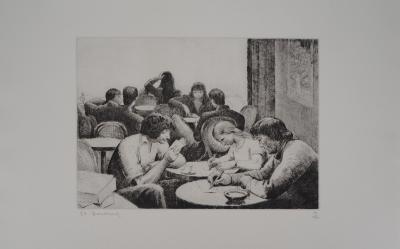 Etienne BOUCHAUD - Jeunes en terrasse de bistrot, gravure originale signée 2