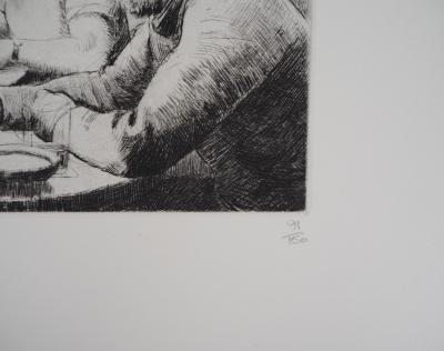 Etienne BOUCHAUD - Jeunes en terrasse de bistrot, gravure originale signée 2