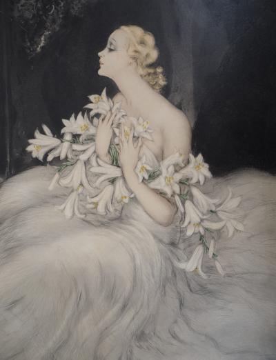 Louis ICART - Dame en blanc au bouquet de lys, Gravure originale signée 2