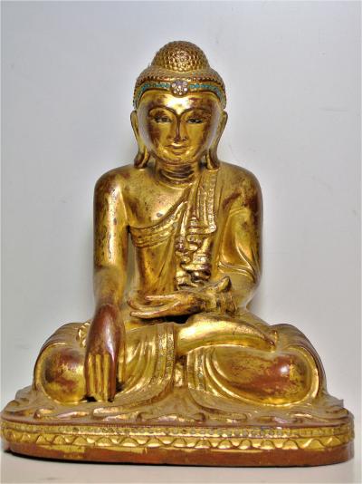 Rare bouddha en position Maravijaya Birmanie, bois, laque, or et verroteries, 19eme siècle 2