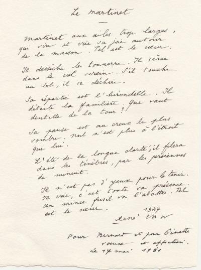 René CHAR - poème autographe signé Le Martinet 2