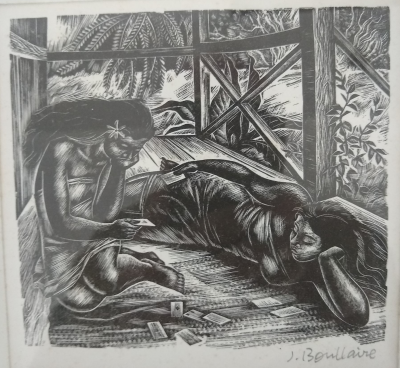 Jacques BOULLAIRE - Les cartes, 1939 - Bois gravé ORIGINAL signé au crayon 2