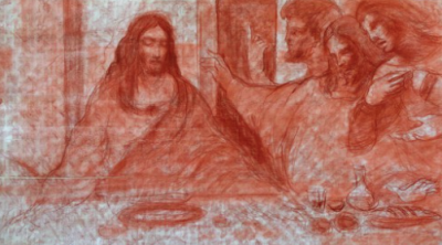 Giancarlo Prandelli - La Cène, Détail, sanguine (Léonard de Vinci) sur une planche de bois, 125 x 70 cm 2