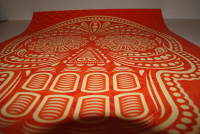 Shepard FAIREY (Obey) & Ernesto YERENA,  Day of the dead skull Orange 1/2, 2018, Techniques mixtes, signée 2