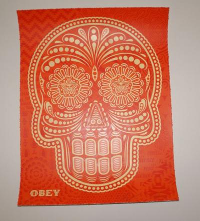 Shepard FAIREY (Obey) & Ernesto YERENA,  Day of the dead skull Orange 1/2, 2018, Techniques mixtes, signée 2