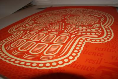 Shepard FAIREY (Obey) & Ernesto YERENA,  Day of the dead skull Orange 1/2, 2018, Techniques mixtes, signée 2