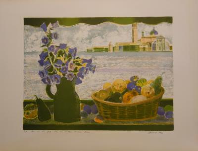 Garcia FONS : Bouquet et corbeille de fruits sur l’eau - Lithographie Originale Signée 2