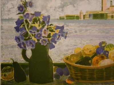 Garcia FONS : Bouquet et corbeille de fruits sur l’eau - Lithographie Originale Signée 2