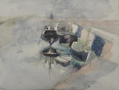 Lucien FLEURY : Bateaux à quai, 1955, Dessin Original Signé 2