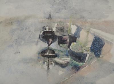 Lucien FLEURY : Bateaux à quai, 1955, Dessin Original Signé 2